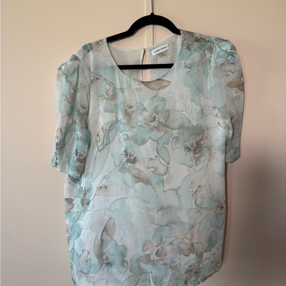 Calvin Klein Floral Blouse - Light Blue and Cream